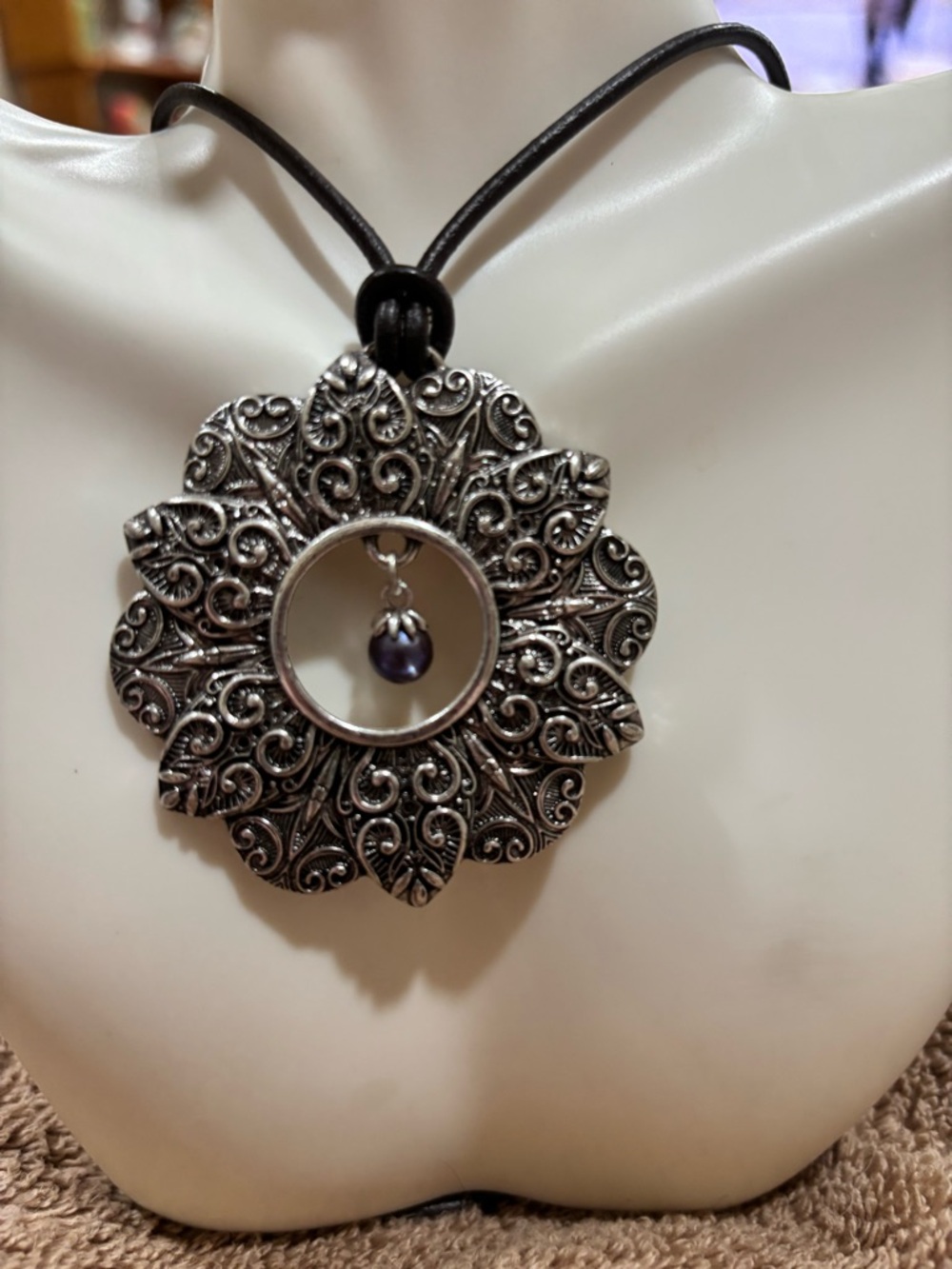 Filigree Flower Pendant Necklace with real black Pearl Accent